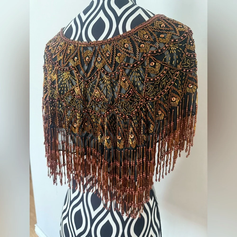 Gorgeous Vintage 70s 80s Sequin & Beaded Art Deco Shawl Capelet Rose Gold Bronze - Picture 10 of 15